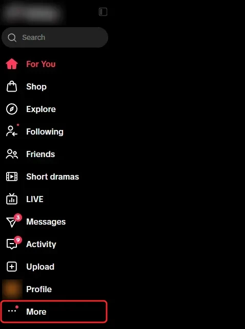 TikTok's side menu on the website, from For You down to Profile, with More boxed in red at the bottom