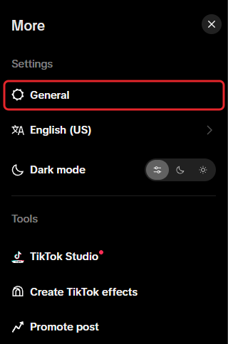 TikTok's More menu on the website, with General boxed in red under Settings, above English (US) and Dark mode