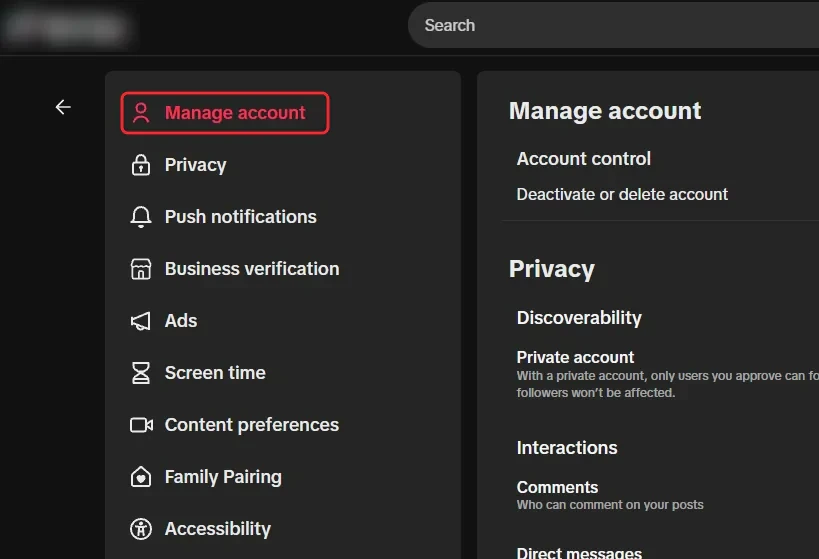 TikTok's settings page on the website, with Manage account boxed in red at the top of the left menu