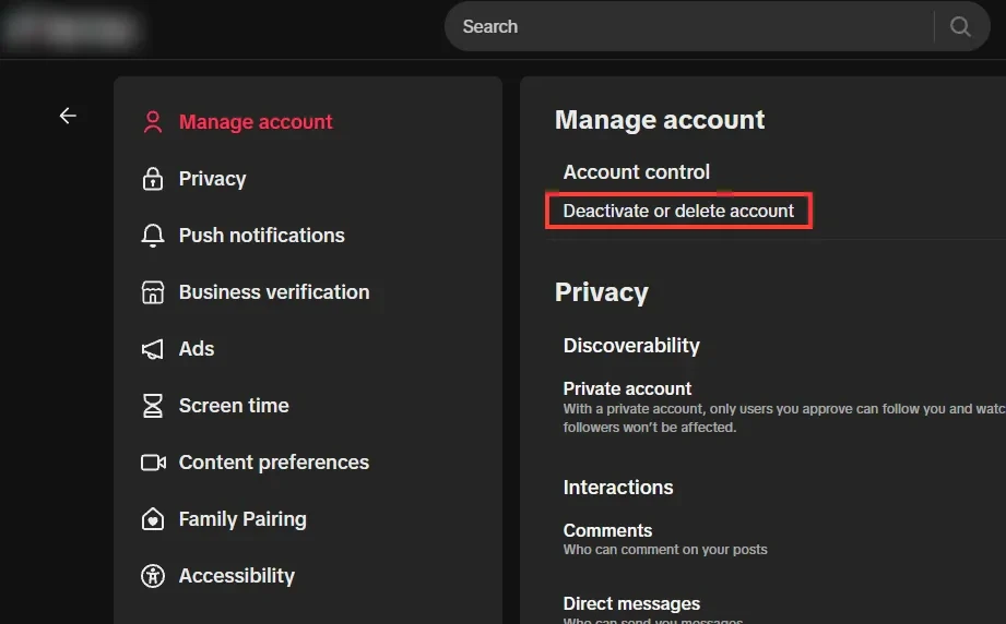 TikTok's Manage account settings, with Deactivate or delete account boxed in red under Account control