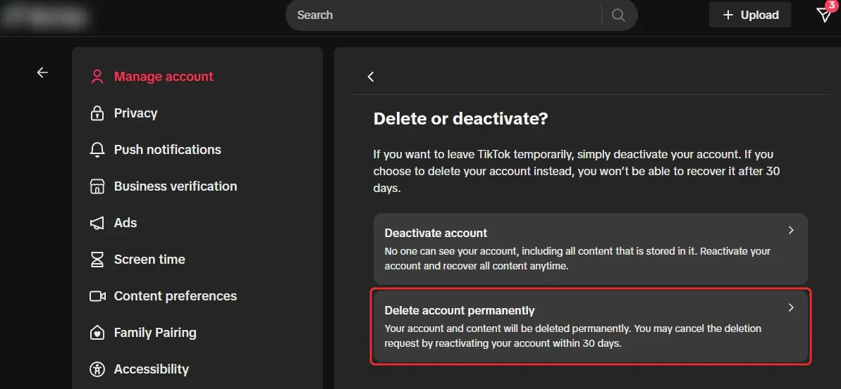 TikTok's Delete or deactivate page, with Delete account permanently boxed in red below Deactivate account