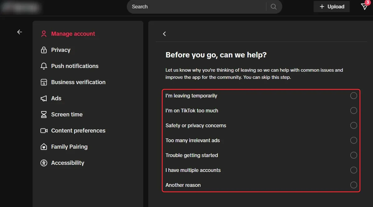 TikTok's Before you go, can we help page, with the list of reasons for leaving boxed in red