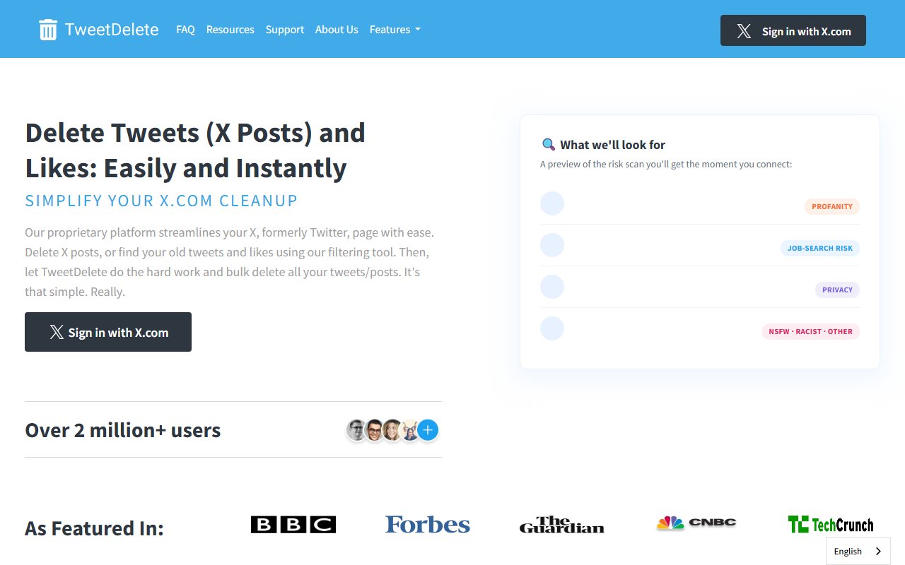 TweetDelete's homepage on October 15, 2026