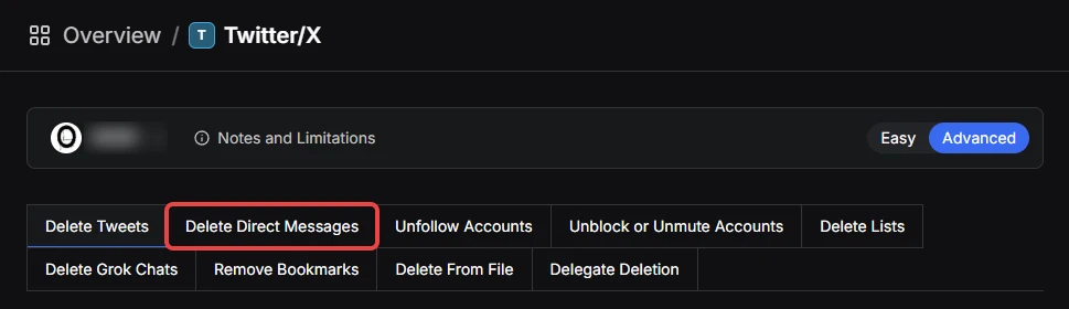 Redact’s Twitter/X page with a red box around the Delete Direct Messages tab, and the Easy and Advanced toggle at the top right