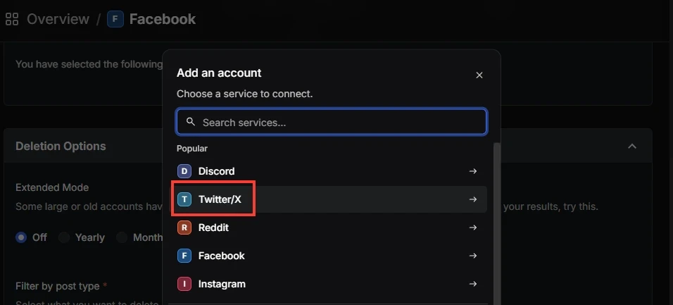 Redact's Add an account window with a red box around Twitter/X in the Popular list