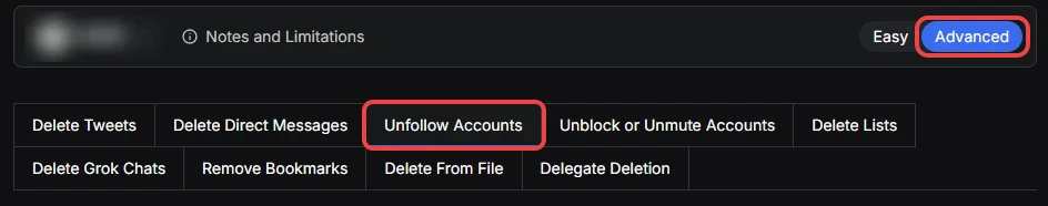 Redact's Twitter/X page with red boxes around the Advanced toggle at the top right and the Unfollow Accounts tab