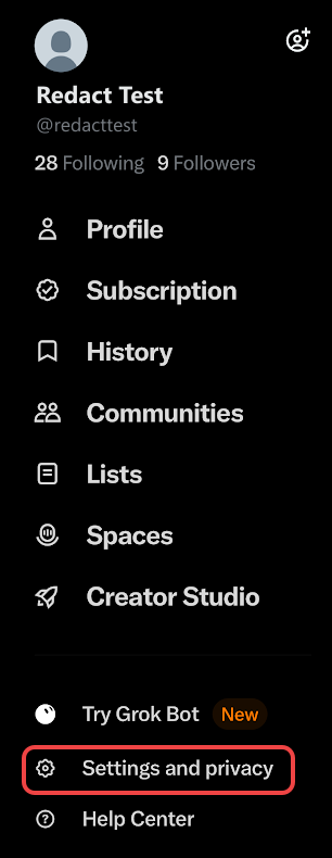 The X iPhone app's side menu for a test account, with Settings and privacy boxed in red below Try Grok Bot