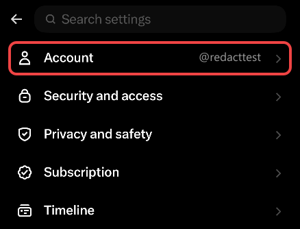 The X iPhone app's settings list, with Account boxed in red at the top above Security and access