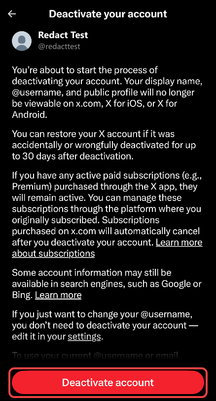The X iPhone app's Deactivate your account notice for a test account, with the red Deactivate account button boxed at the bottom