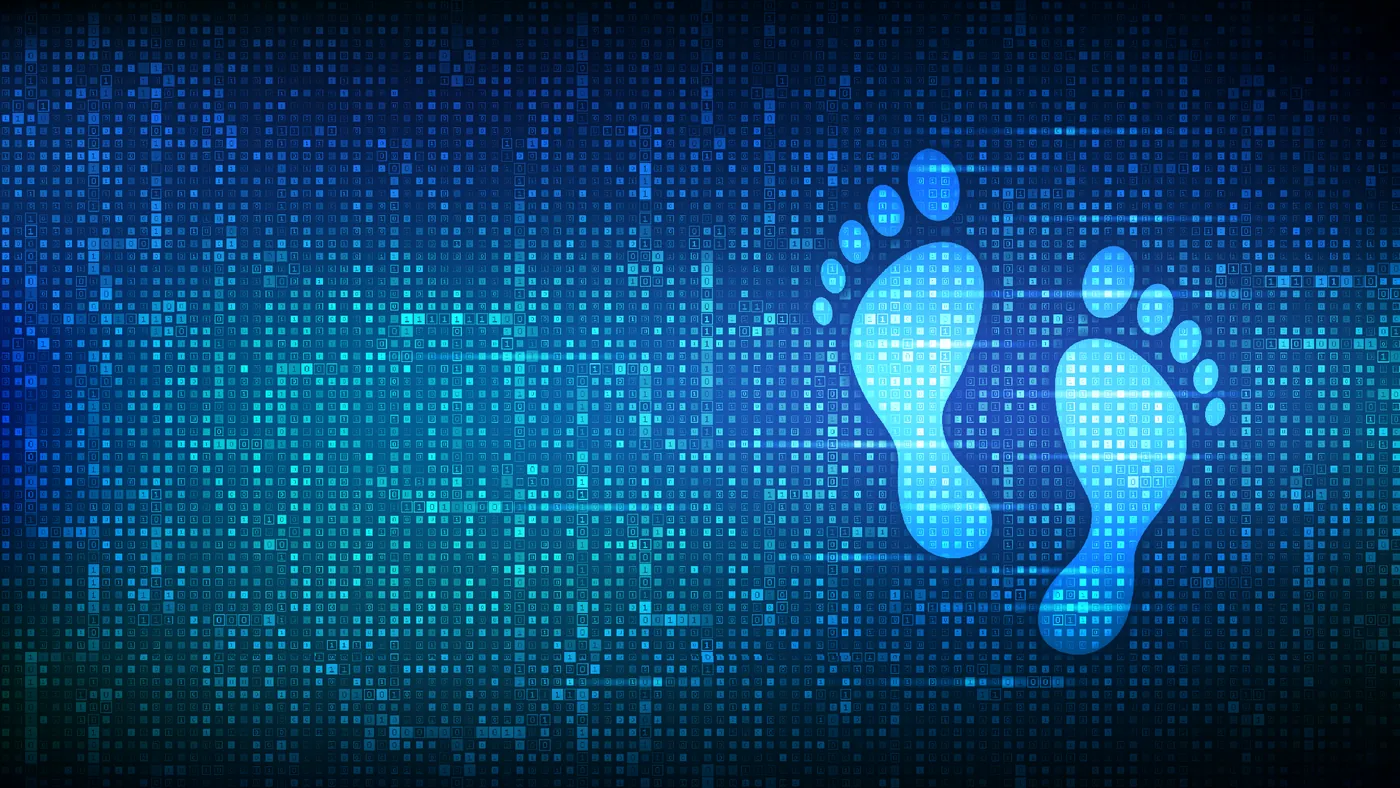 Two glowing blue footprints on a background of binary code, a picture of the digital footprint an account leaves behind