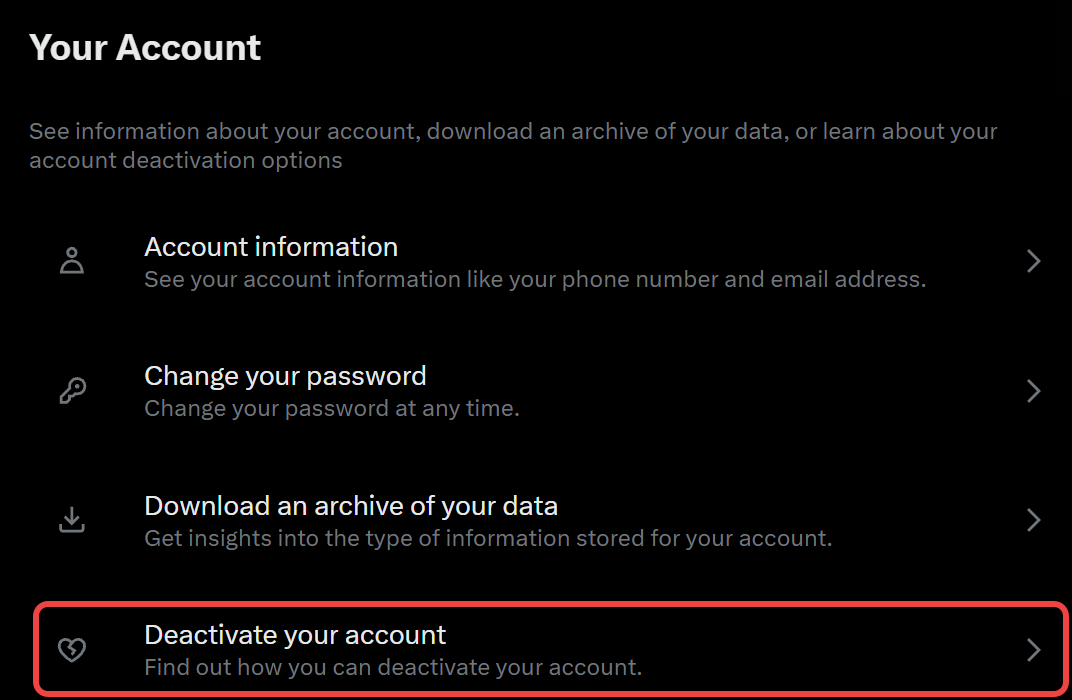 X's Settings page on the Your account tab, with Deactivate your account boxed in red below Download an archive of your data