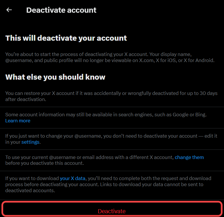 X's Deactivate account page, with the What else you should know notes and the red Deactivate button boxed at the bottom