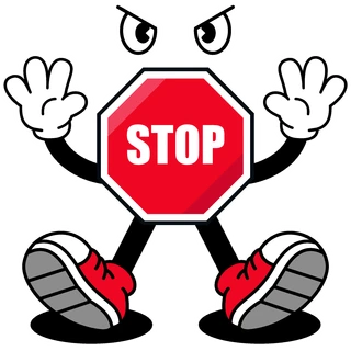 A cartoon stop sign with angry eyes, white gloves and red sneakers, holding its hands up