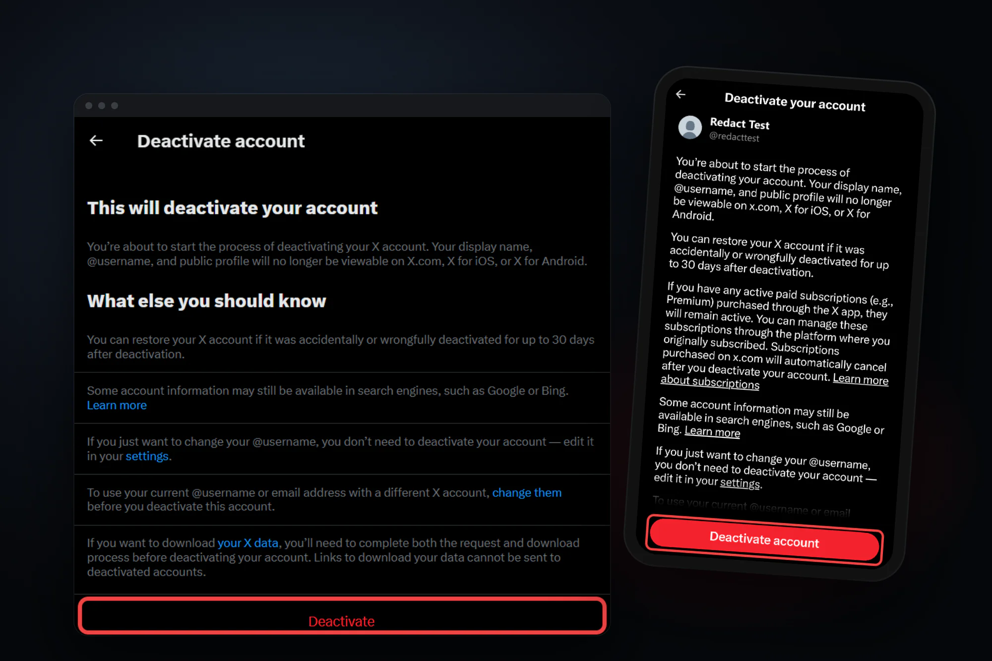 X's deactivate account notice on a desktop browser and on an iPhone for a test account, with the red Deactivate buttons boxed