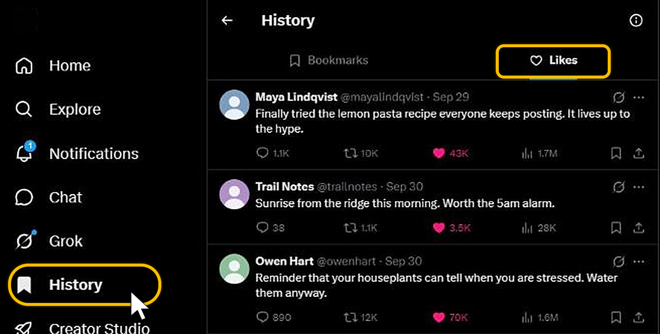 History in X's left-hand menu and the Likes tab next to Bookmarks, above a list of liked posts