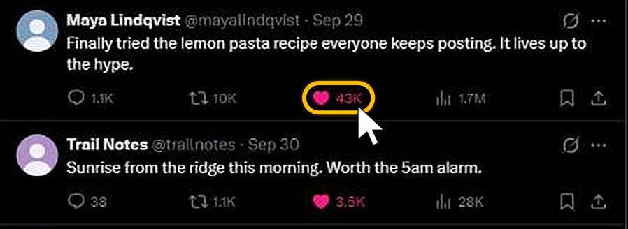 The filled pink heart under a liked post on X, with the like count next to it