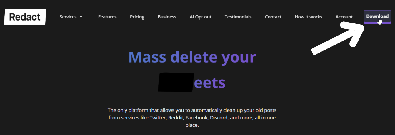 An arrow pointing at the Download button in the top right of the Redact.dev nav bar