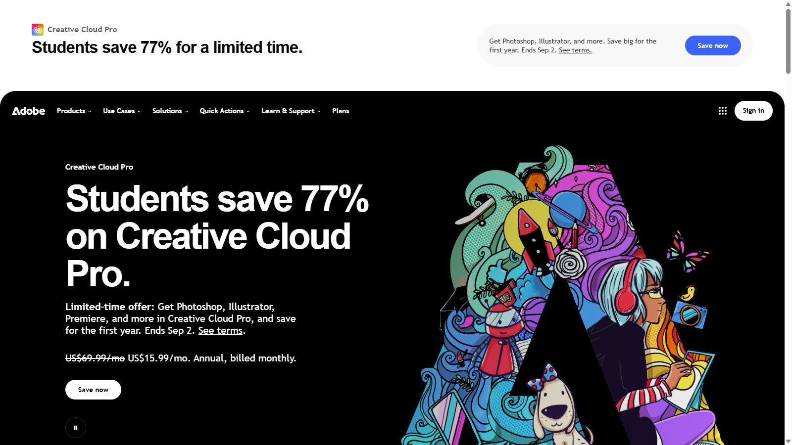 The Adobe homepage