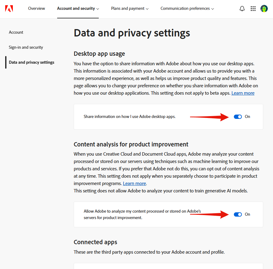 Both toggles on the Data and privacy settings page, each switched on by default