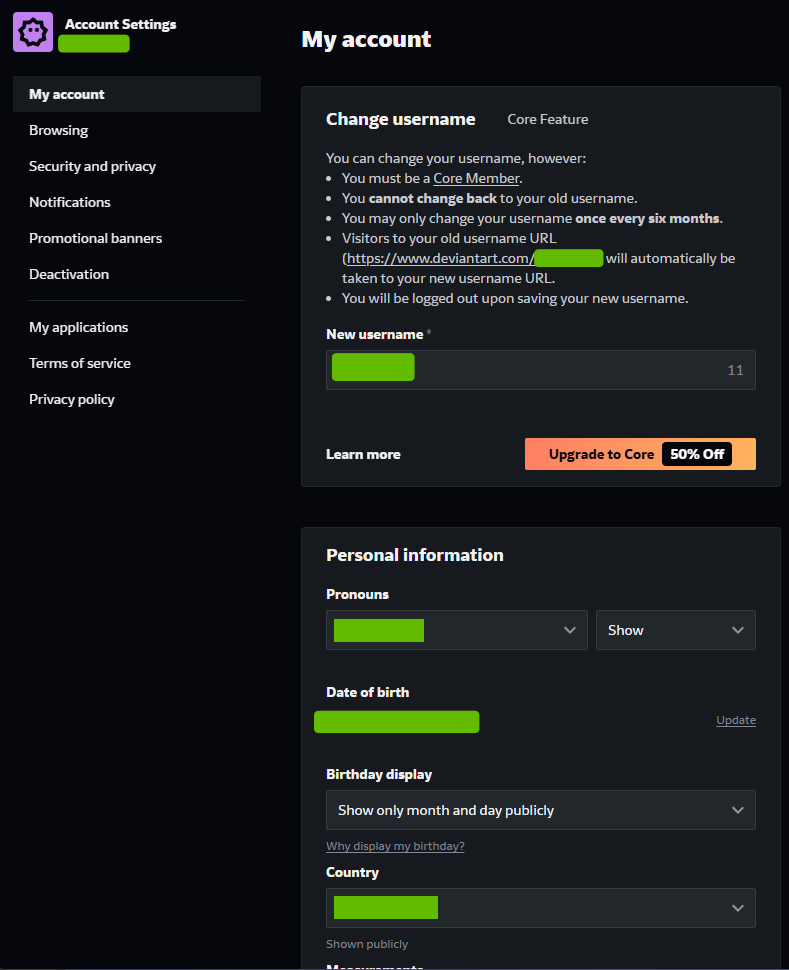 The My account page, with Personal information below the username panel