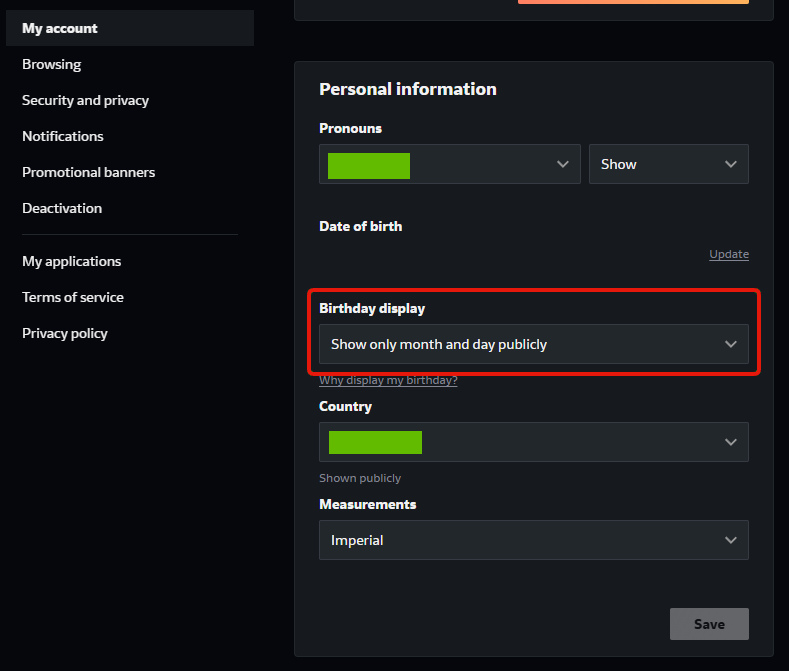 The Birthday display dropdown under Personal information