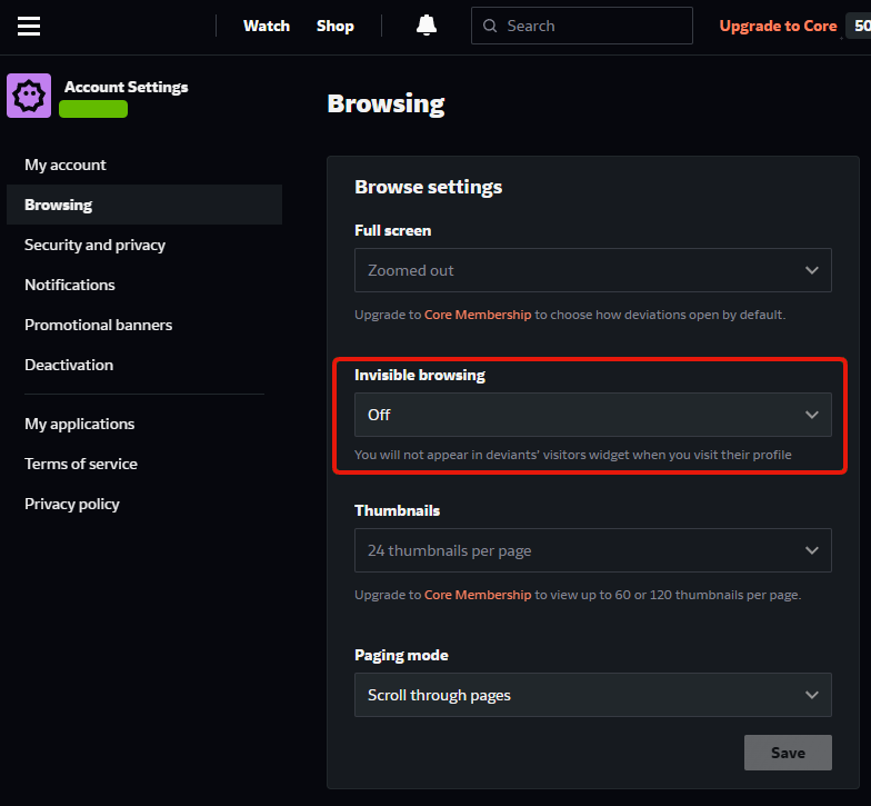 The Invisible browsing dropdown, off by default, on the Browse settings page