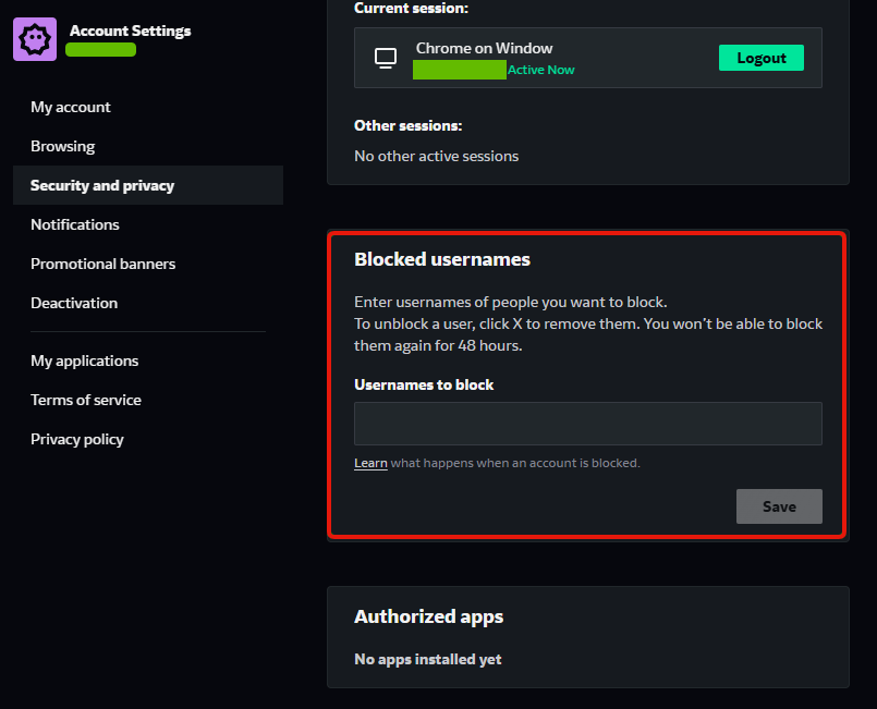The Blocked usernames panel on the Security and privacy page