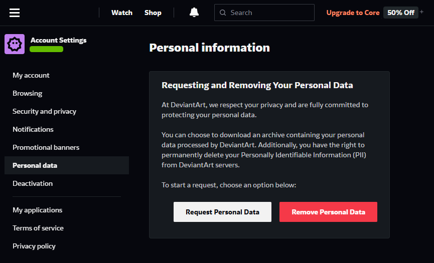 The Requesting and Removing Your Personal Data panel, with its two buttons