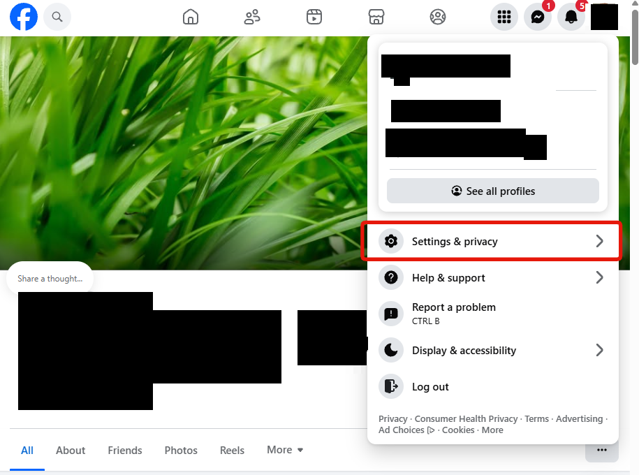 Settings and privacy in the profile menu