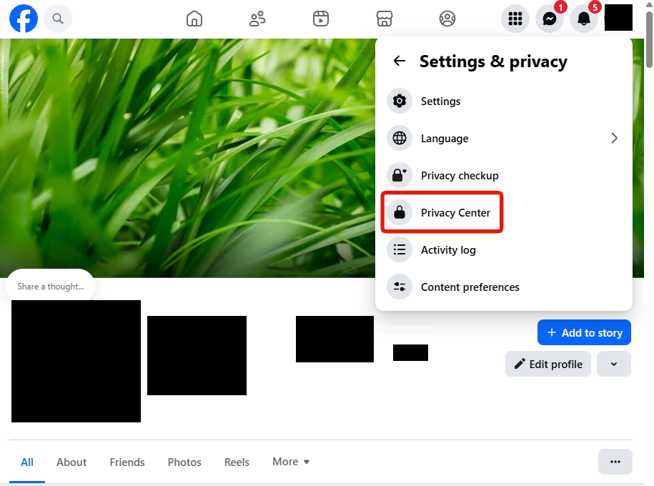 Privacy Center in the Settings and privacy menu