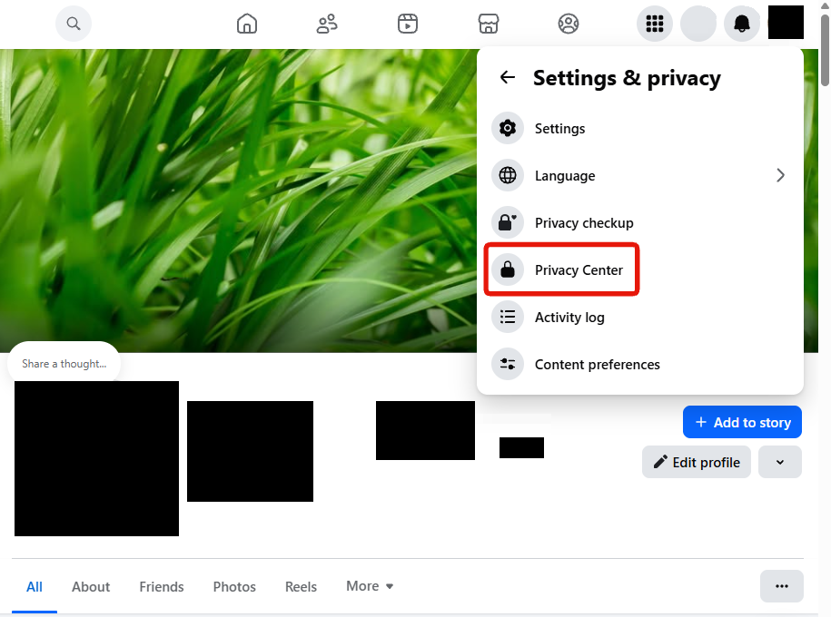 Privacy Center in the Settings and privacy menu