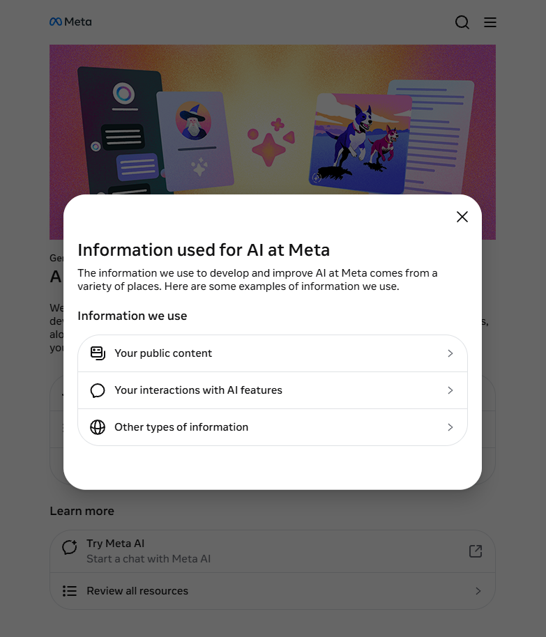 Information used for AI at Meta, with Other types of information