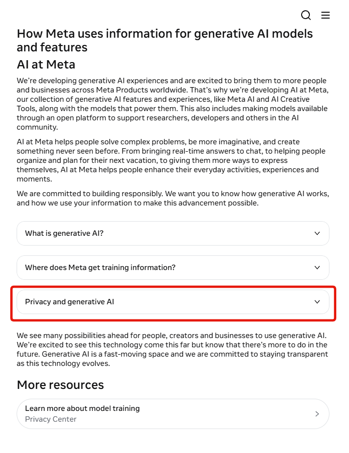 The Privacy and generative AI accordion