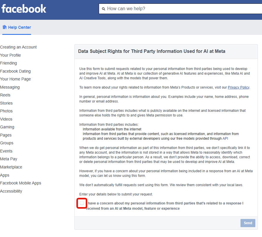 The Data Subject Rights form and its single checkbox