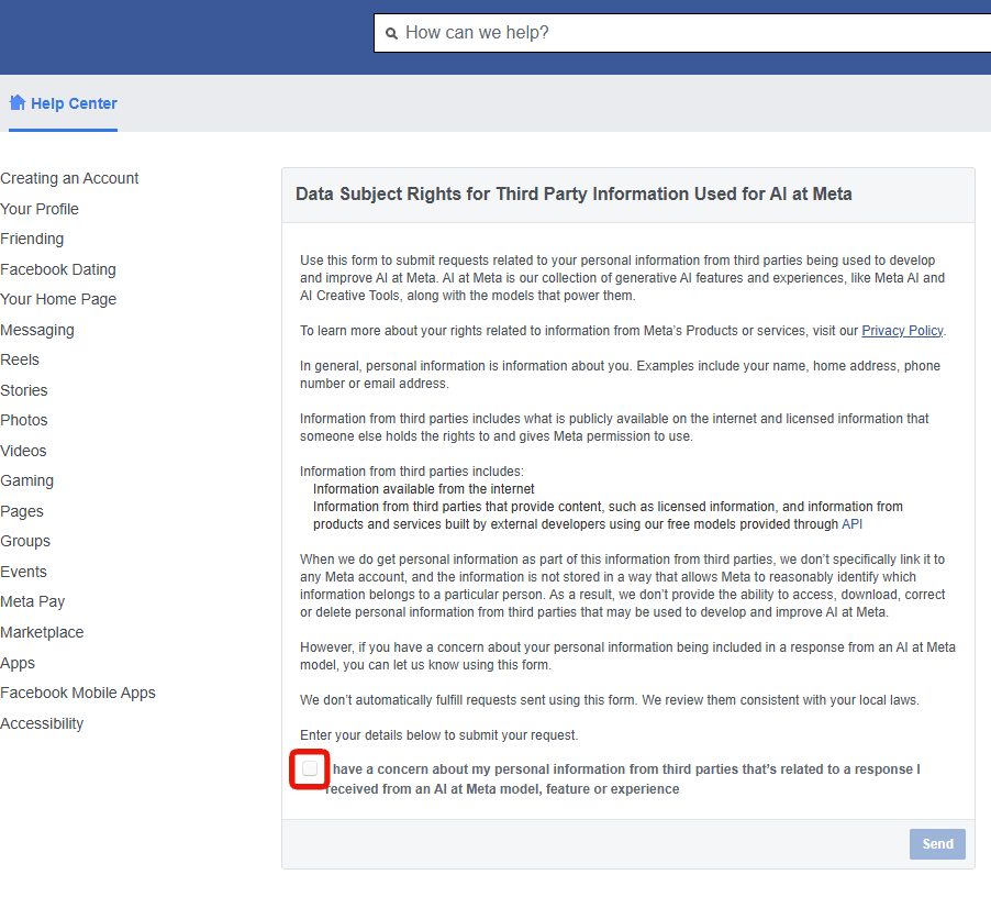 The Data Subject Rights form and its single checkbox