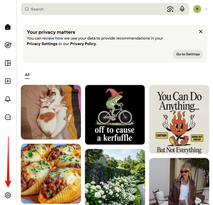 The Pinterest sidebar, with the gear icon at the very bottom