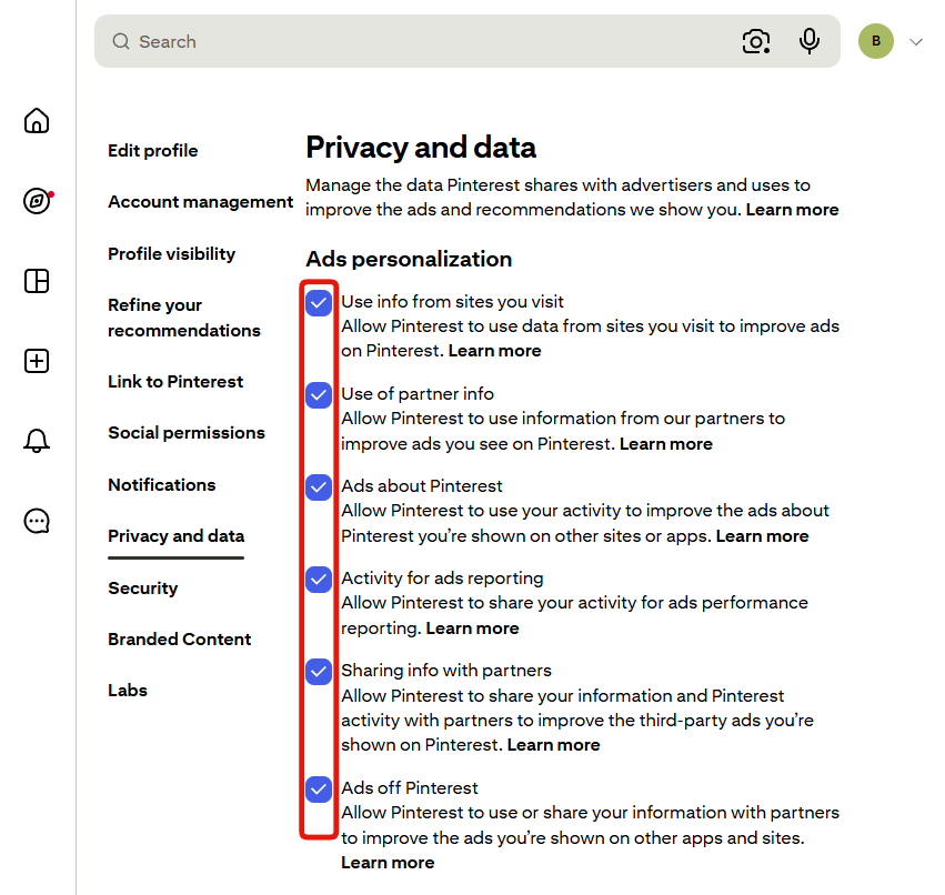The top of the Privacy and data page, showing the advertising block you scroll past