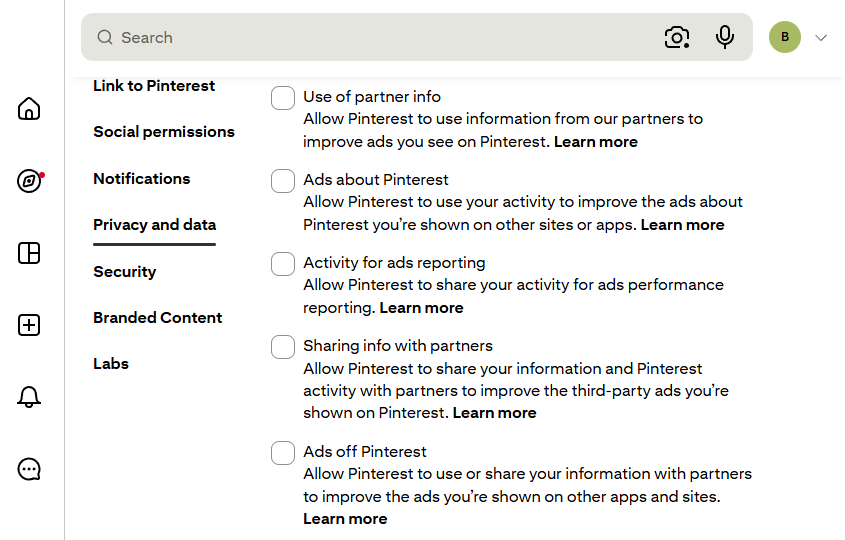 Five of the six advertising boxes cleared on the Privacy and data page