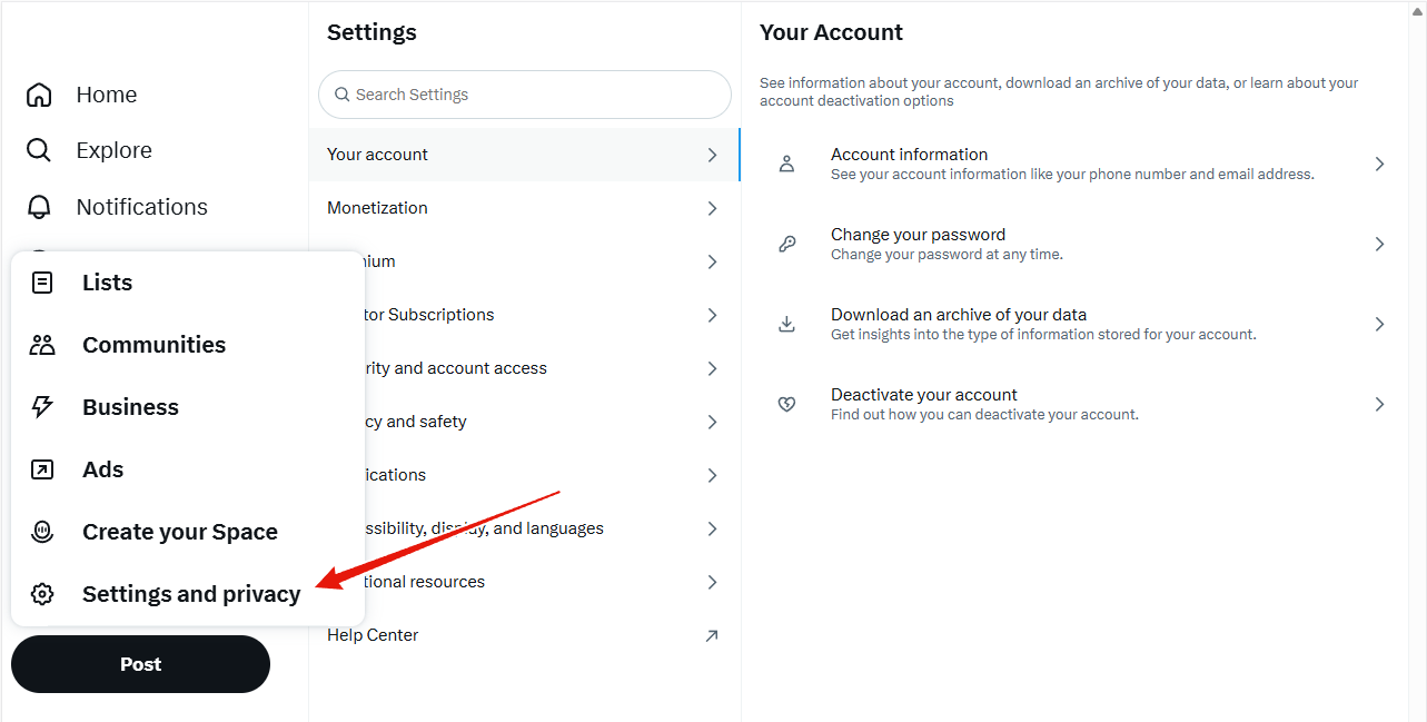 Settings and privacy in the More menu