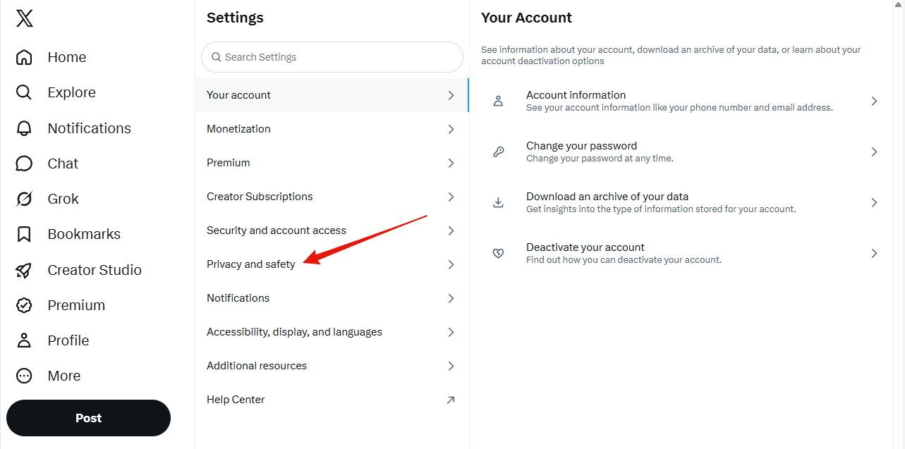 Privacy and safety in the settings list