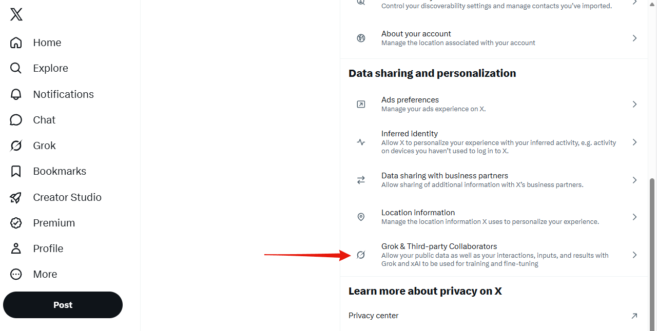 Grok and Third-party Collaborators under Data sharing and personalization