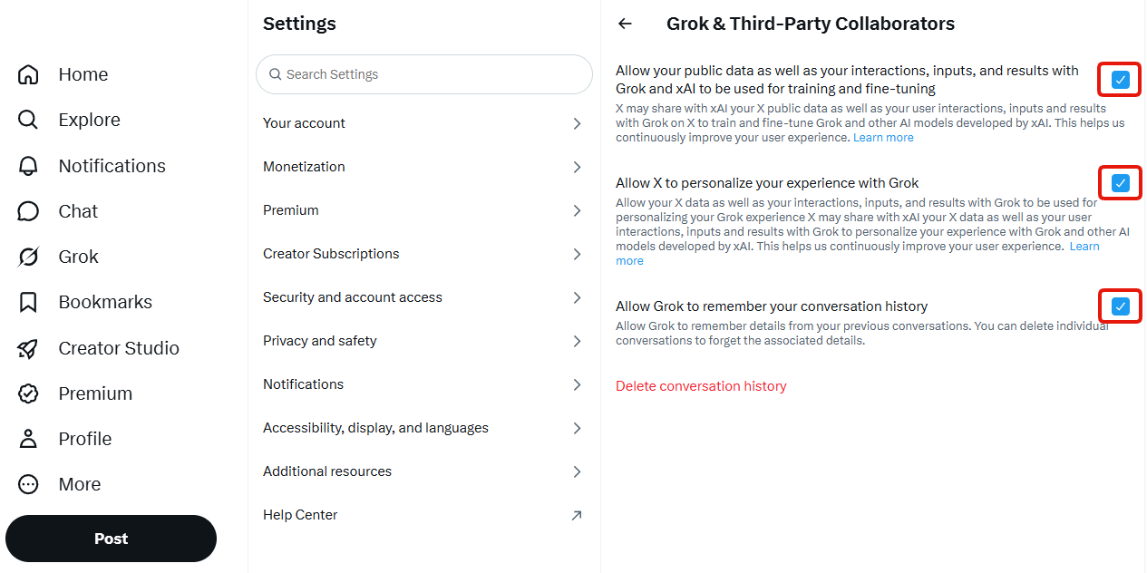 The three Grok checkboxes, all enabled by default