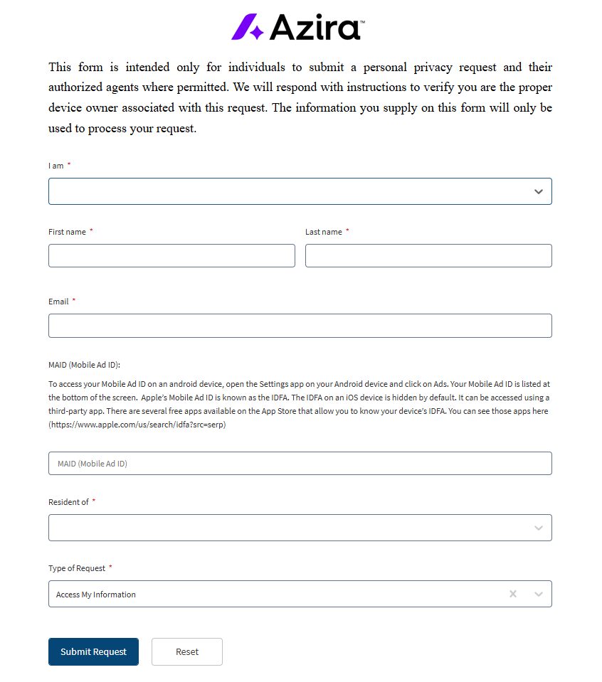 Azira's Data Subject Request Form on TrustArc, showing a required I am dropdown, required First name, Last name and Email fields, a MAID field with retrieval instructions above it, a required Resident of dropdown, and a Type of Request selector set to Access My Information.