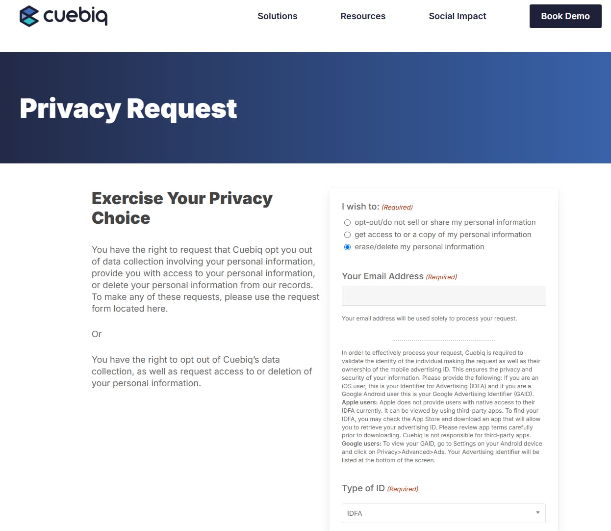 Cuebiq's Privacy Request page. On the right, a form headed I wish to with three radio options for opt-out, access, and erase, followed by a required email field, an instruction block about the mobile advertising ID, and a Type of ID dropdown set to IDFA.