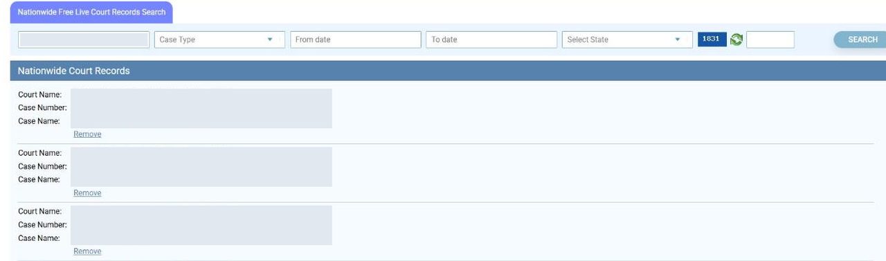 Nationwide Court Records results list with Court Name, Case Number and Case Name rows covered, and a Remove link under each