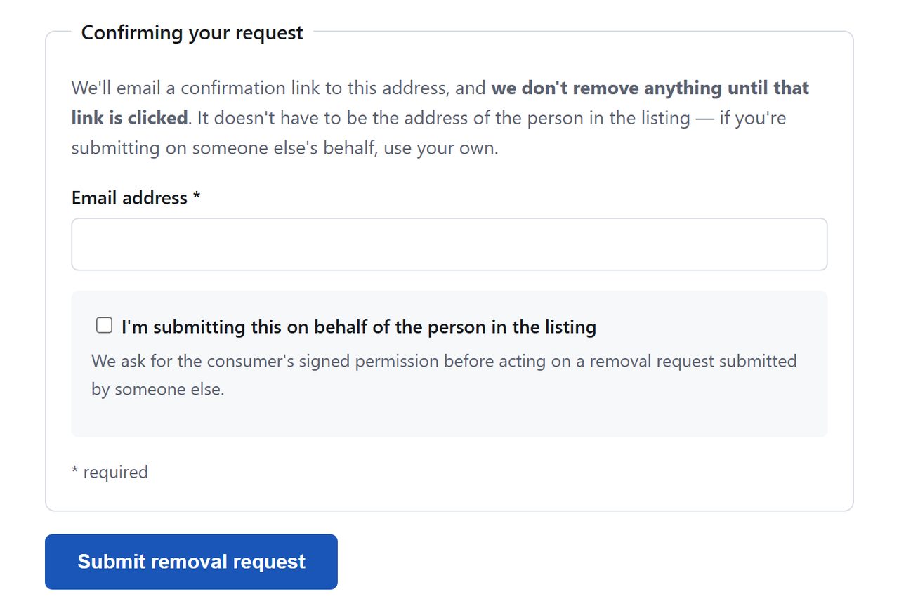 SecretInfo email box for the confirmation and a button that reads Submit removal request