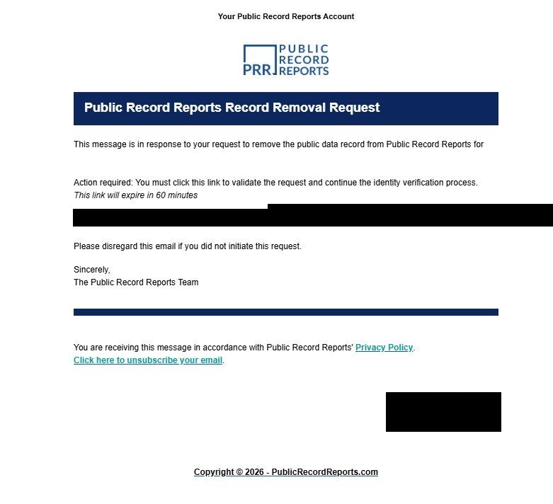 The Public Record Reports Record Removal Request email, with an action-required validation link and a note that the link expires in 60 minutes.