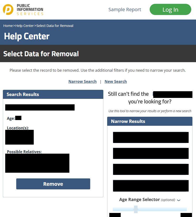 The Select Data for Removal page on Public Information Services. The matched record and a Remove button sit in a Search Results box, and a Narrow Results panel with name, city, state and age-range filters sits to the right.