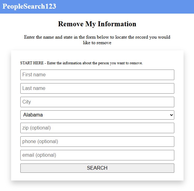 The PeopleSearch123 removal search, asking for a name and a location
