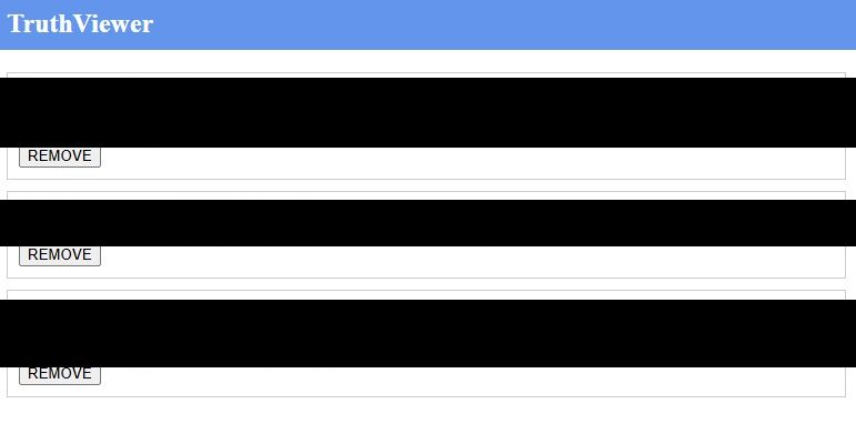 TruthViewer results listing candidate records as plain cards with name, age, a long locations line, and a REMOVE button on each
